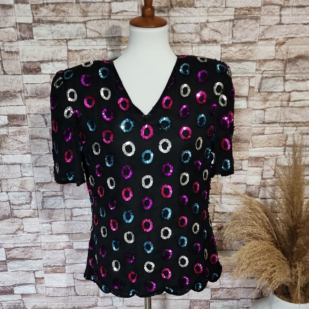 Dominique Vintage Sequin Embellished  Black Blouse